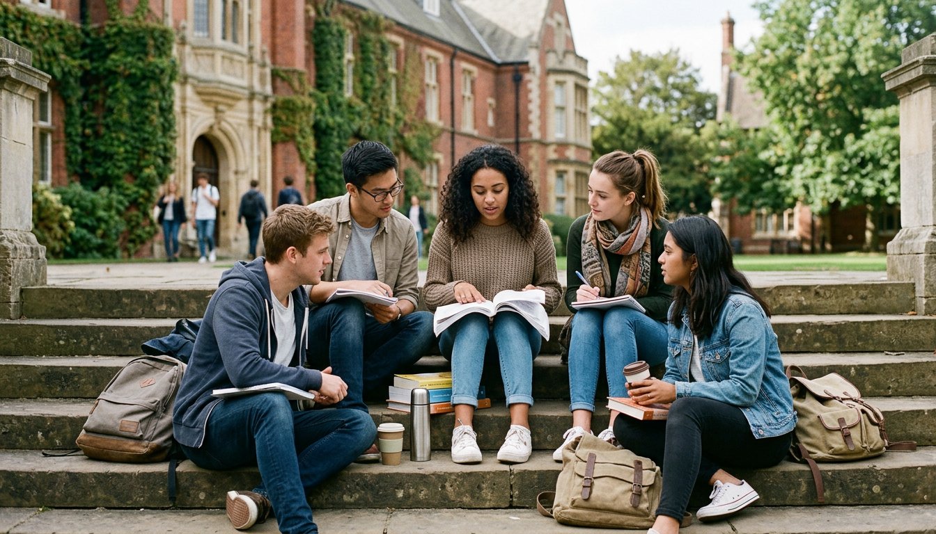 Bachelorstudierende diskutieren auf den Stufen vor einem Hörsaalgebäude über einen Text