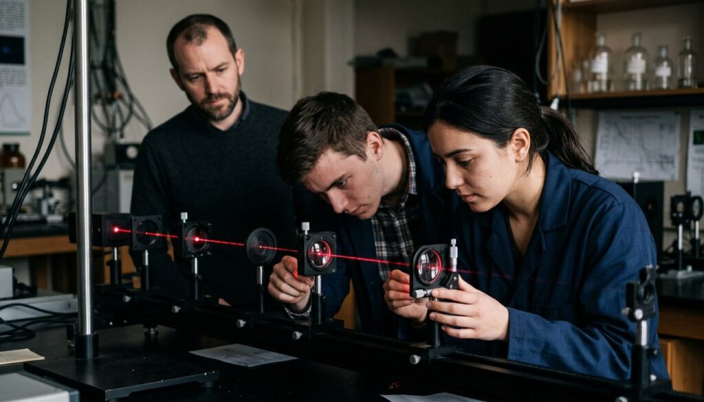 Bachelorstudierende messen im Physikpraktikum an einer optischen Bank mit Laser