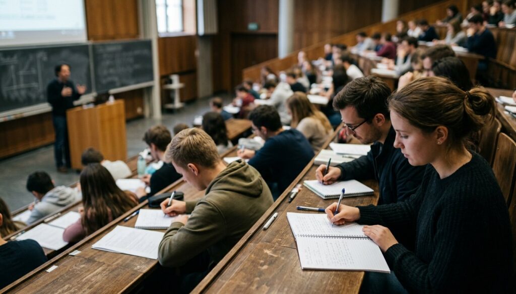 Studierende der Betriebswirtschaft verfolgen im Hörsaal eine Vorlesung und machen Notizen