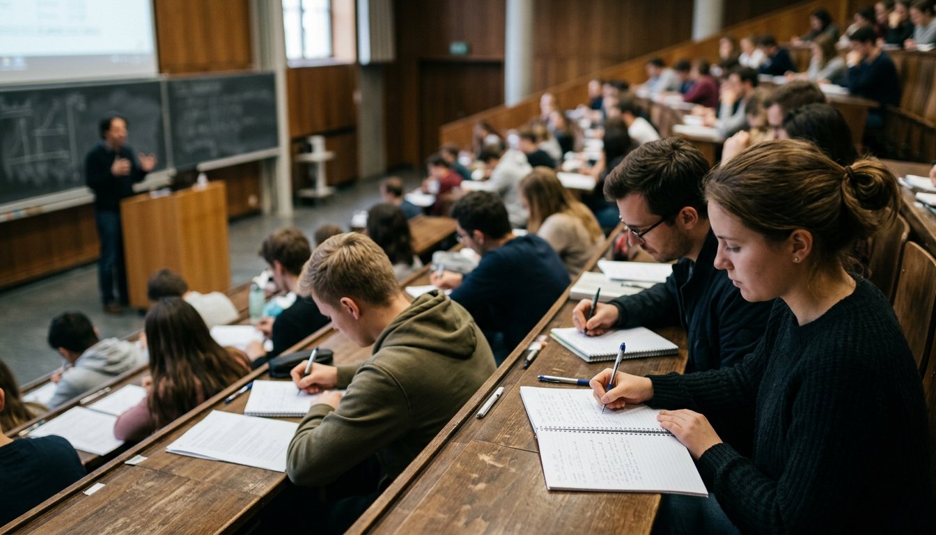 Studierende der Betriebswirtschaft verfolgen im Hörsaal eine Vorlesung und machen Notizen