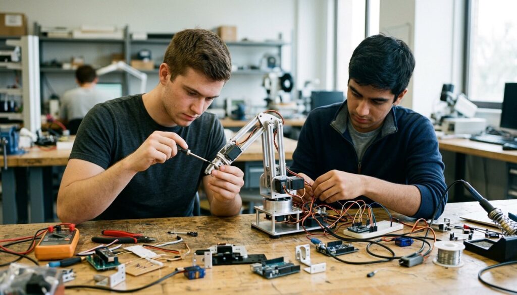 Studierende montieren im Ingenieurlabor der Hochschule einen kleinen Roboterarm