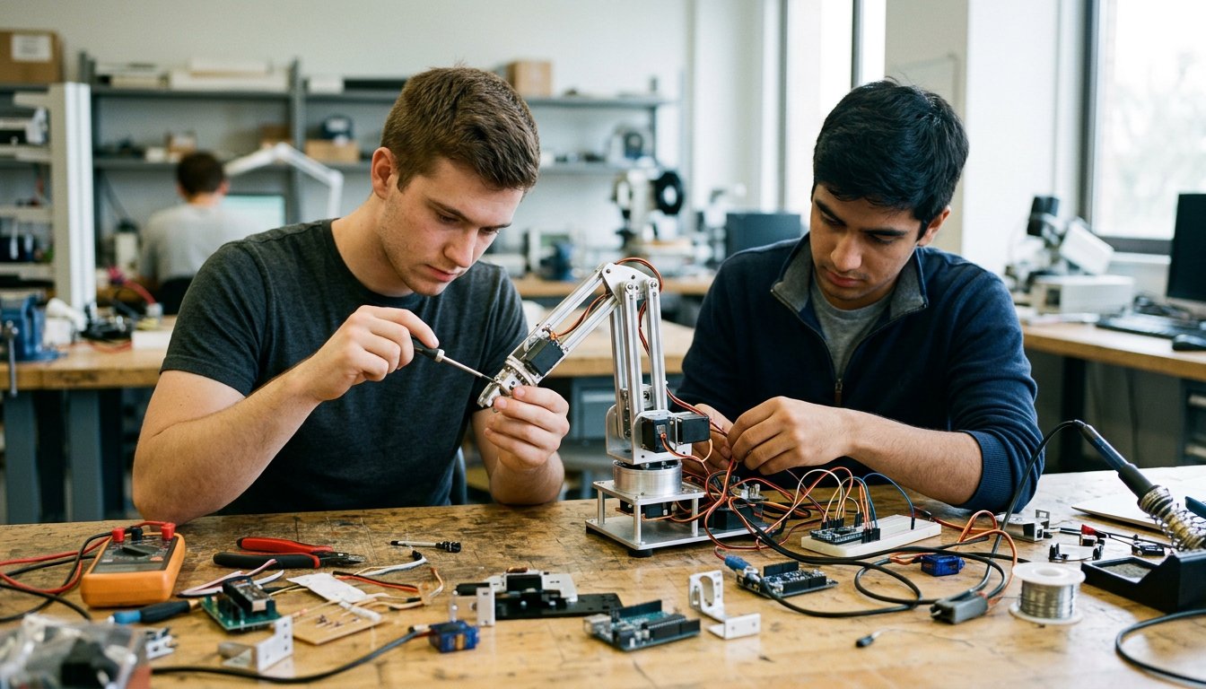 Studierende montieren im Ingenieurlabor der Hochschule einen kleinen Roboterarm