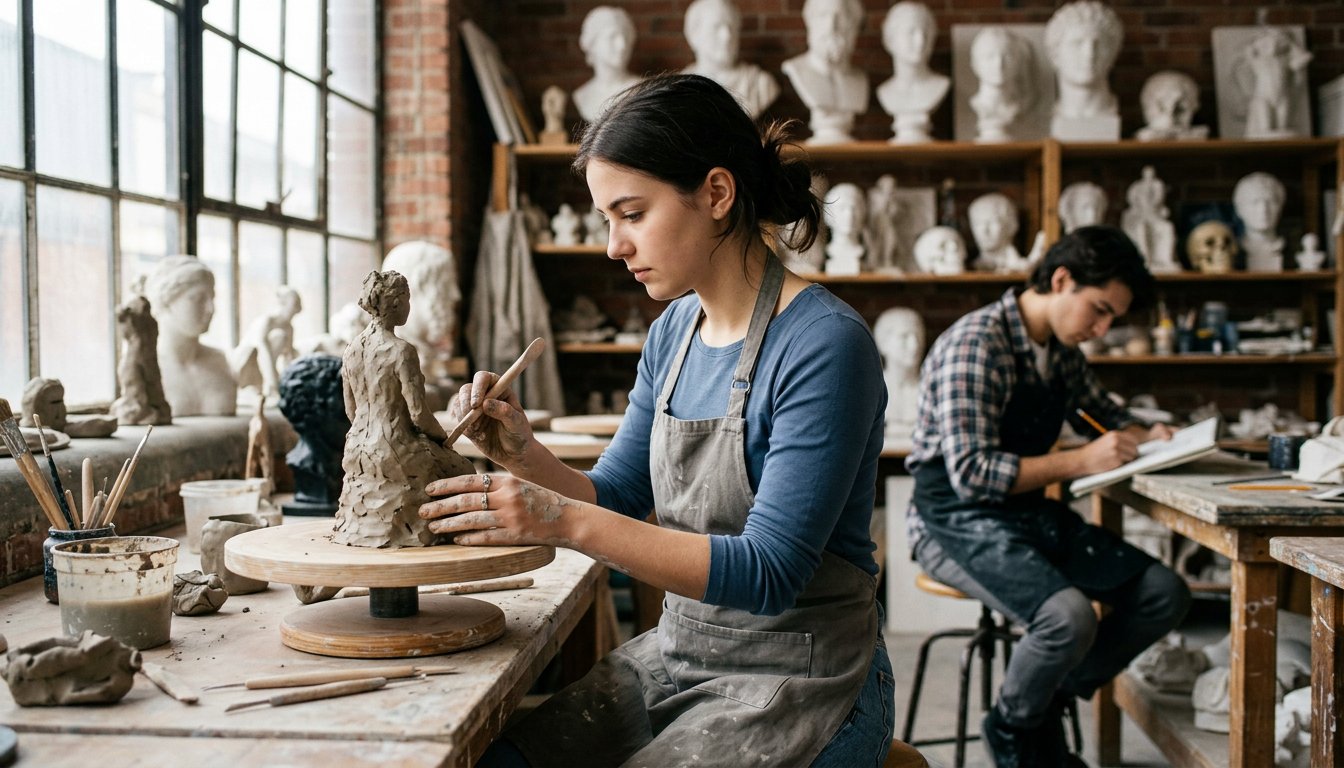 Kunststudent formt in der Bildhauerwerkstatt der Hochschule eine Tonskulptur auf der Drehscheibe