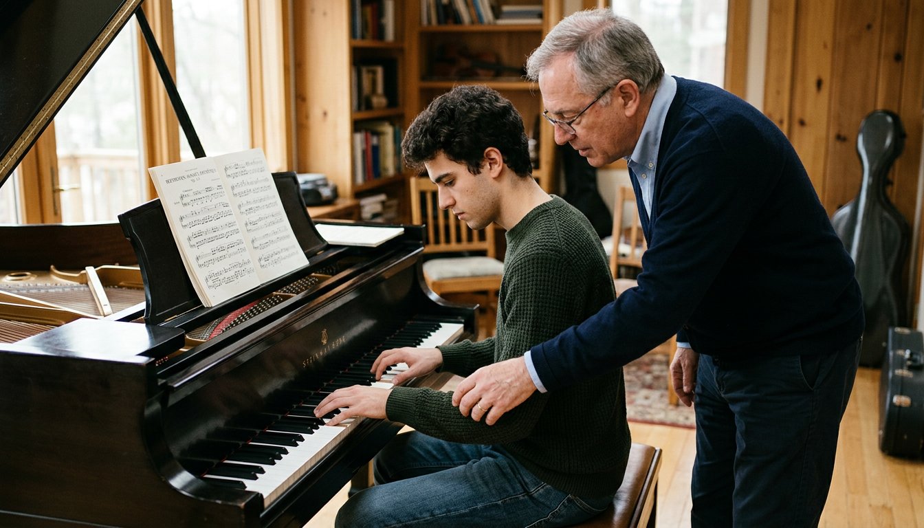 Musikstudent spielt im Übungsraum Klavier, seine Professorin korrigiert die Handhaltung