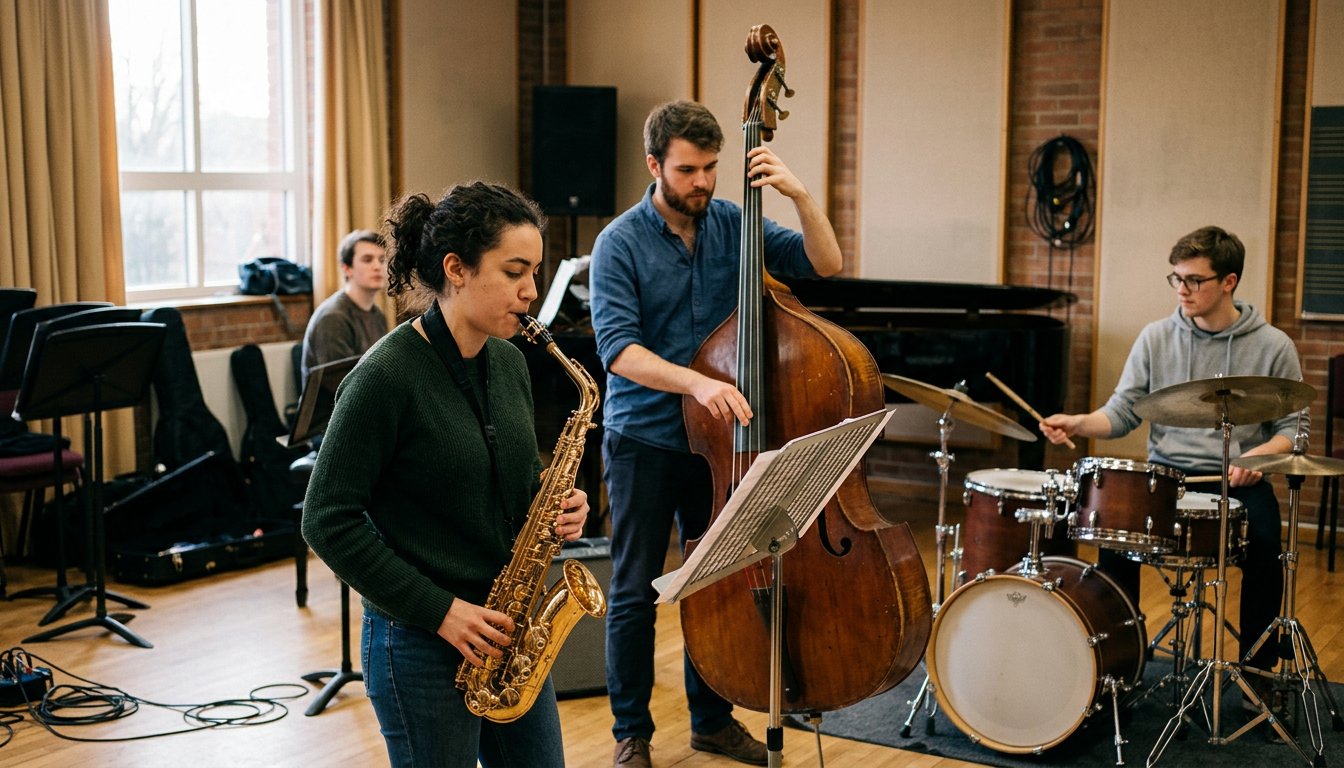 Studierende proben im Bandraum der Hochschule mit Saxofon, Kontrabass und Schlagzeug