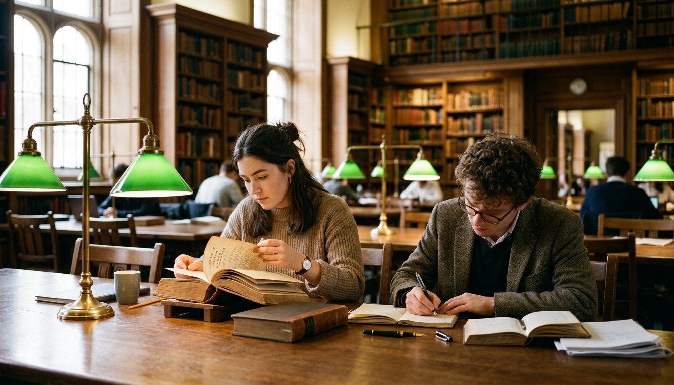 Masterstudierende der Geisteswissenschaften recherchieren im Lesesaal einer Bibliothek in alten Büchern