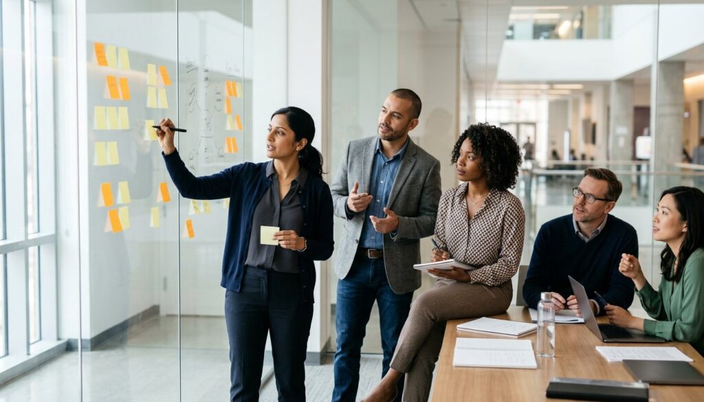 MBA-Studierende arbeiten in einem Gruppenraum mit Glaswand gemeinsam an einer Fallstudie