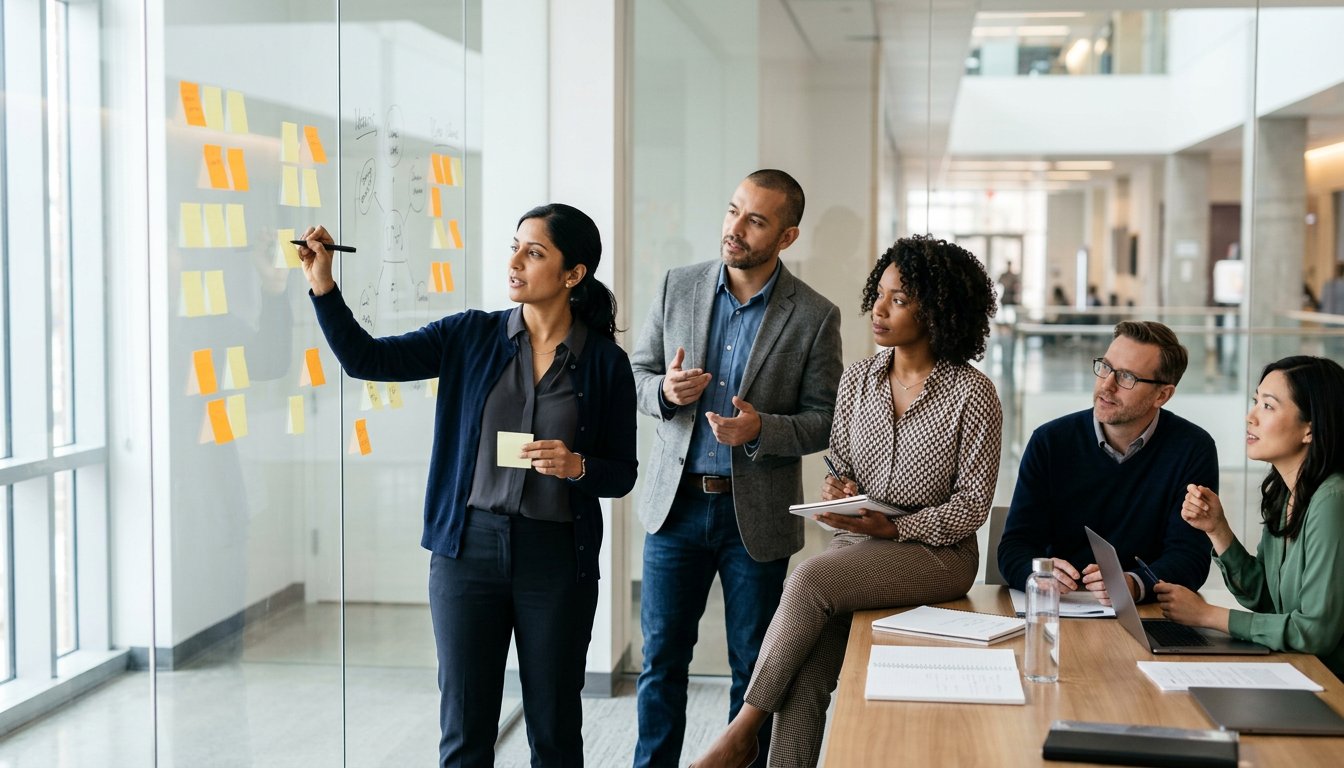 MBA-Studierende arbeiten in einem Gruppenraum mit Glaswand gemeinsam an einer Fallstudie