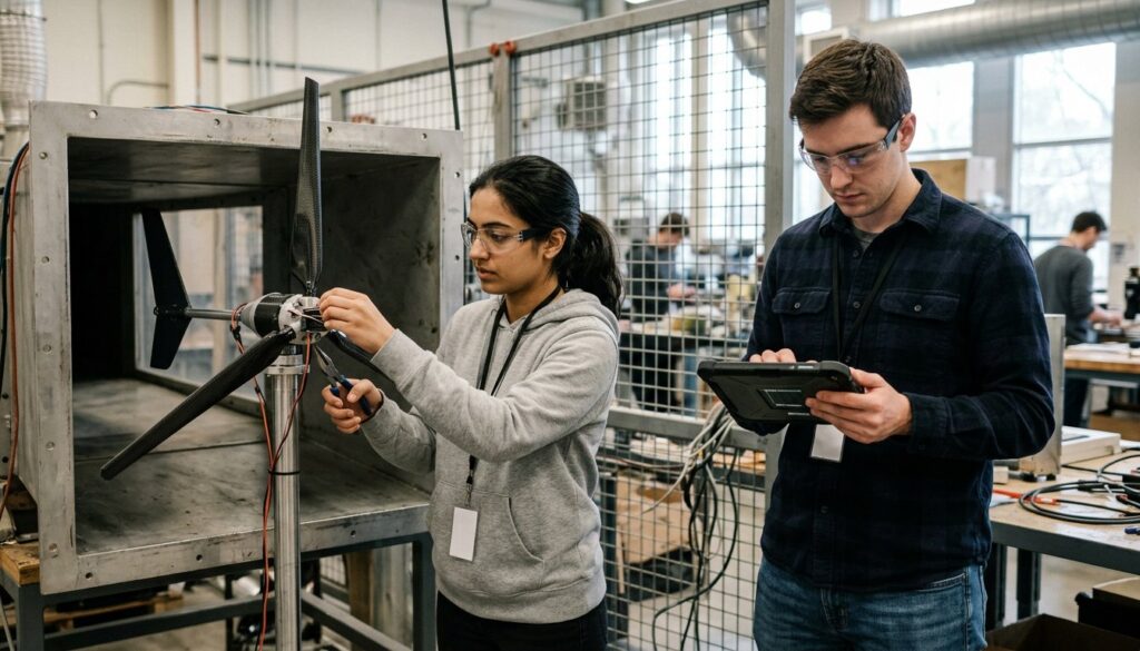 Masterstudierende im Ingenieurwesen testen im Hochschullabor einen Windturbinen-Prototyp