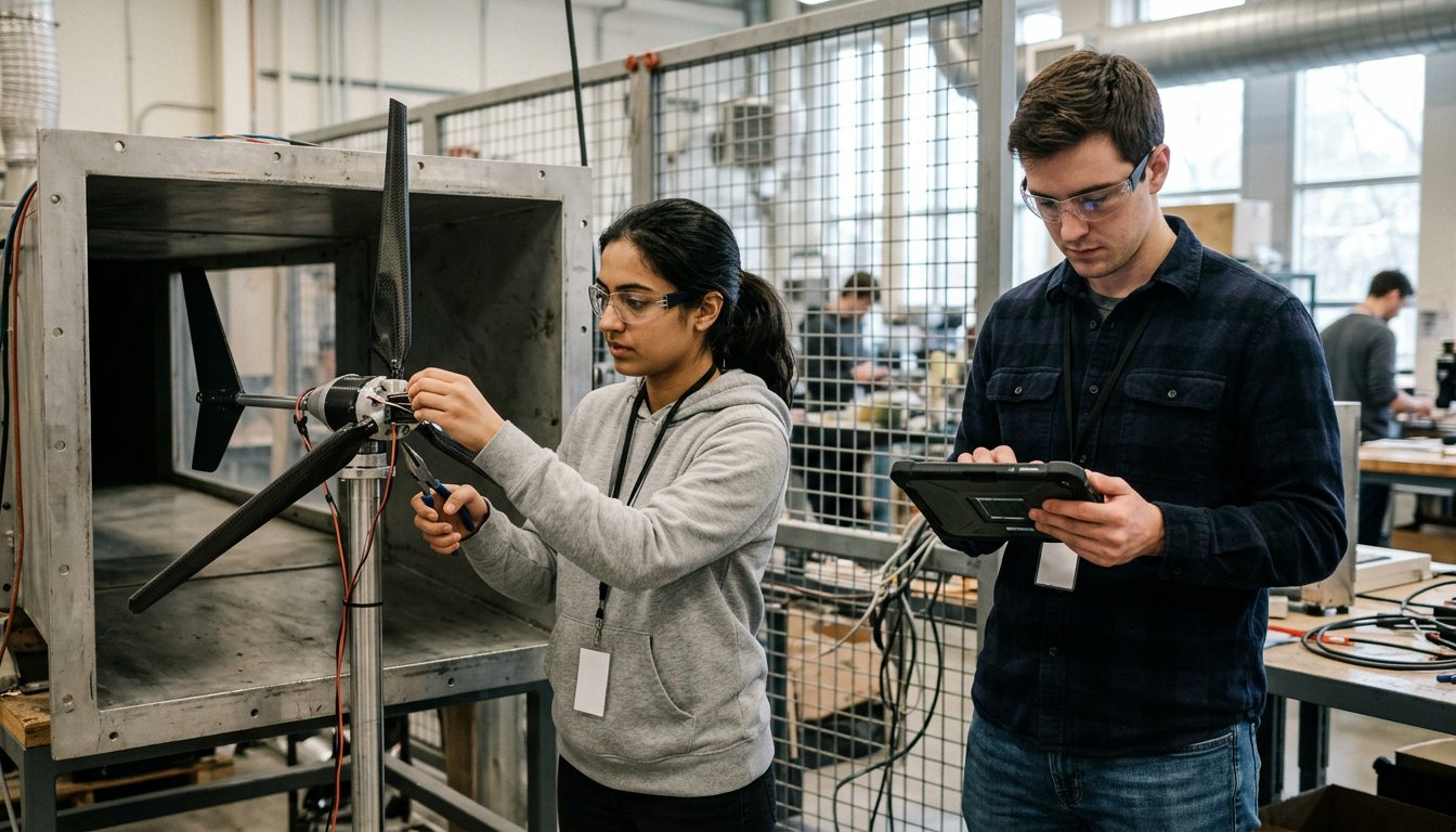 Masterstudierende im Ingenieurwesen testen im Hochschullabor einen Windturbinen-Prototyp