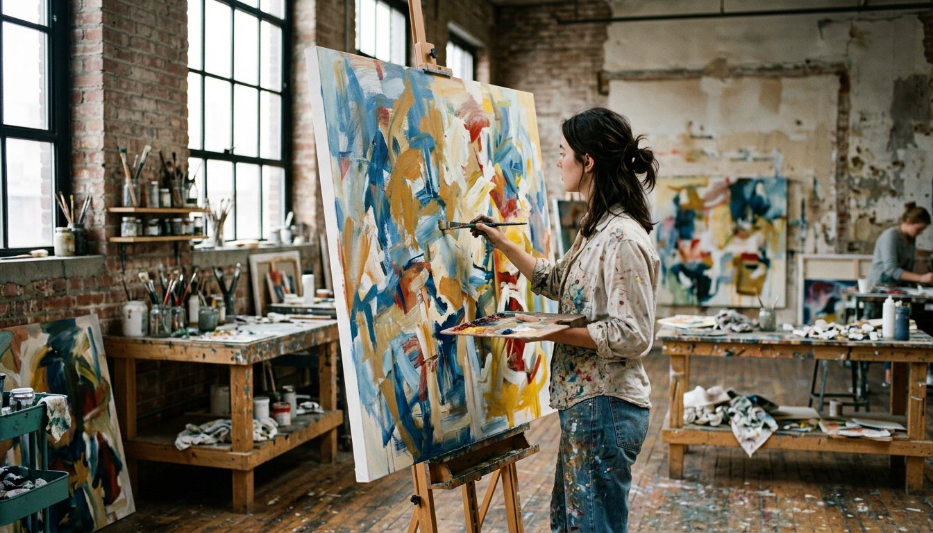 Kunststudentin malt im lichtdurchfluteten Atelier an einer großformatigen abstrakten Leinwand