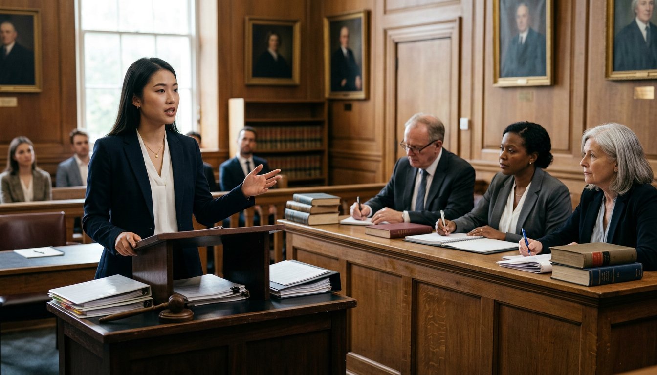 Jurastudentin plädiert im Master of Laws bei einer Moot-Court-Übung vor einer Jury