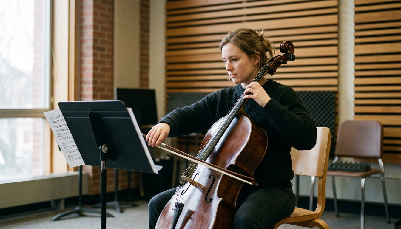 Masterstudentin übt im Übungsraum der Musikhochschule konzentriert am Violoncello