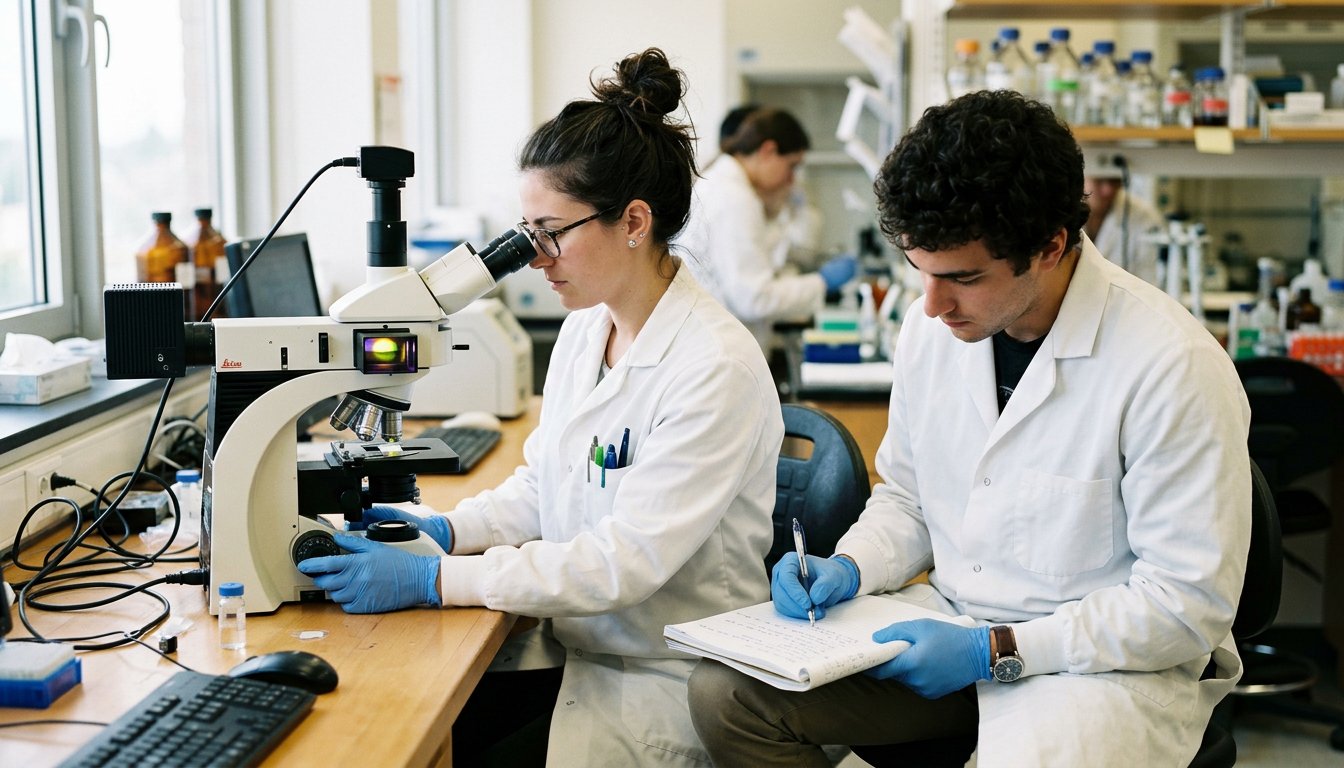 Masterstudierende der Naturwissenschaften arbeiten im Forschungslabor an einem Fluoreszenzmikroskop