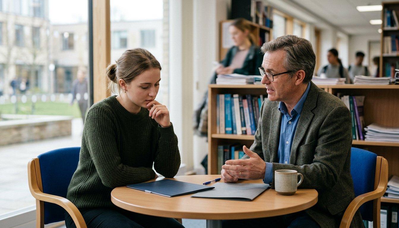 Absolventin bespricht mit einer Studienberaterin die Wahl zwischen MBA und klassischem Master