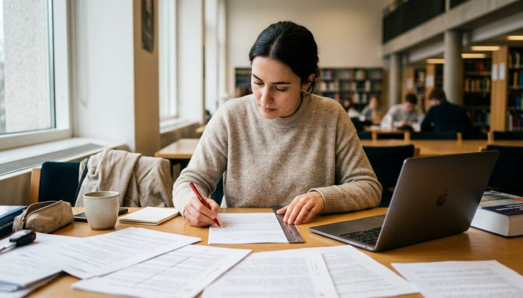 Studentin prüft ausgedruckte Seiten ihrer Masterarbeit auf Seitenränder und Formatierung