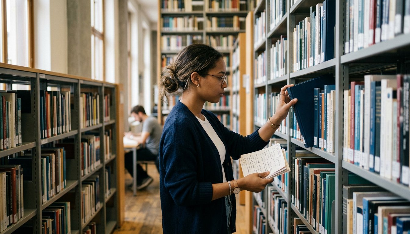 Studentin sucht in den Regalen der Universitätsbibliothek nach Quellen für ihre Bachelorarbeit