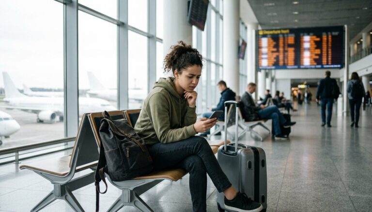 Studentin mit Rucksack wartet am Flughafen nach einem ausgefallenen Flug ins Auslandssemester