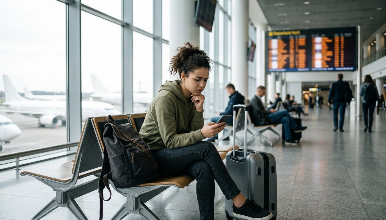 Studentin mit Rucksack wartet am Flughafen nach einem ausgefallenen Flug ins Auslandssemester