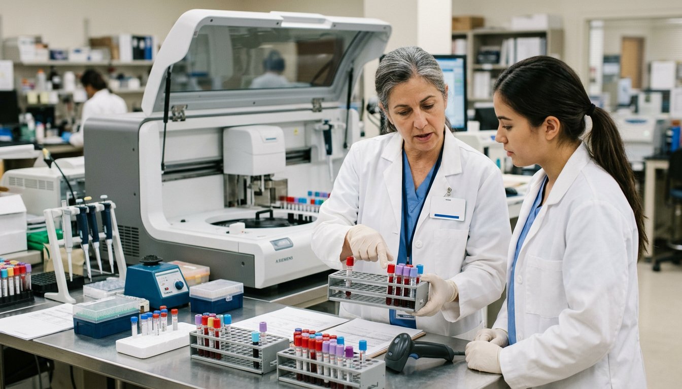 Medizinisch-technische Assistentin erklärt einer Praktikantin im Kliniklabor die Arbeit mit Blutproben