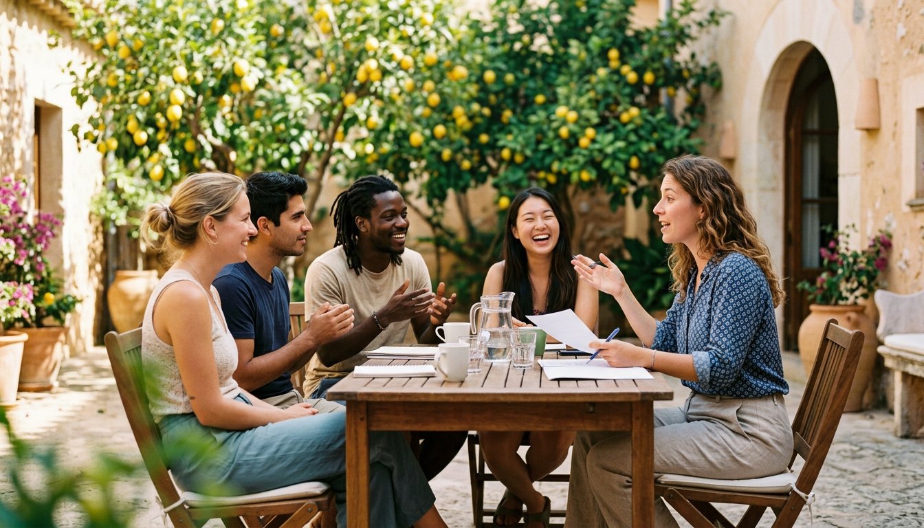 Junge Erwachsene üben bei einer Sprachreise im Innenhof einer Sprachschule Konversation