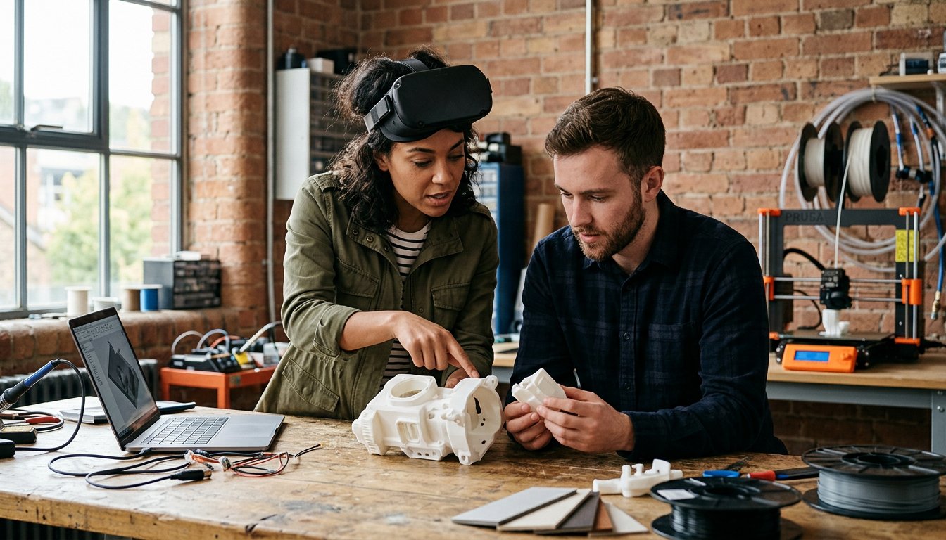 Zwei junge Fachkräfte besprechen in einem Loftbüro einen Prototyp aus dem 3D-Drucker