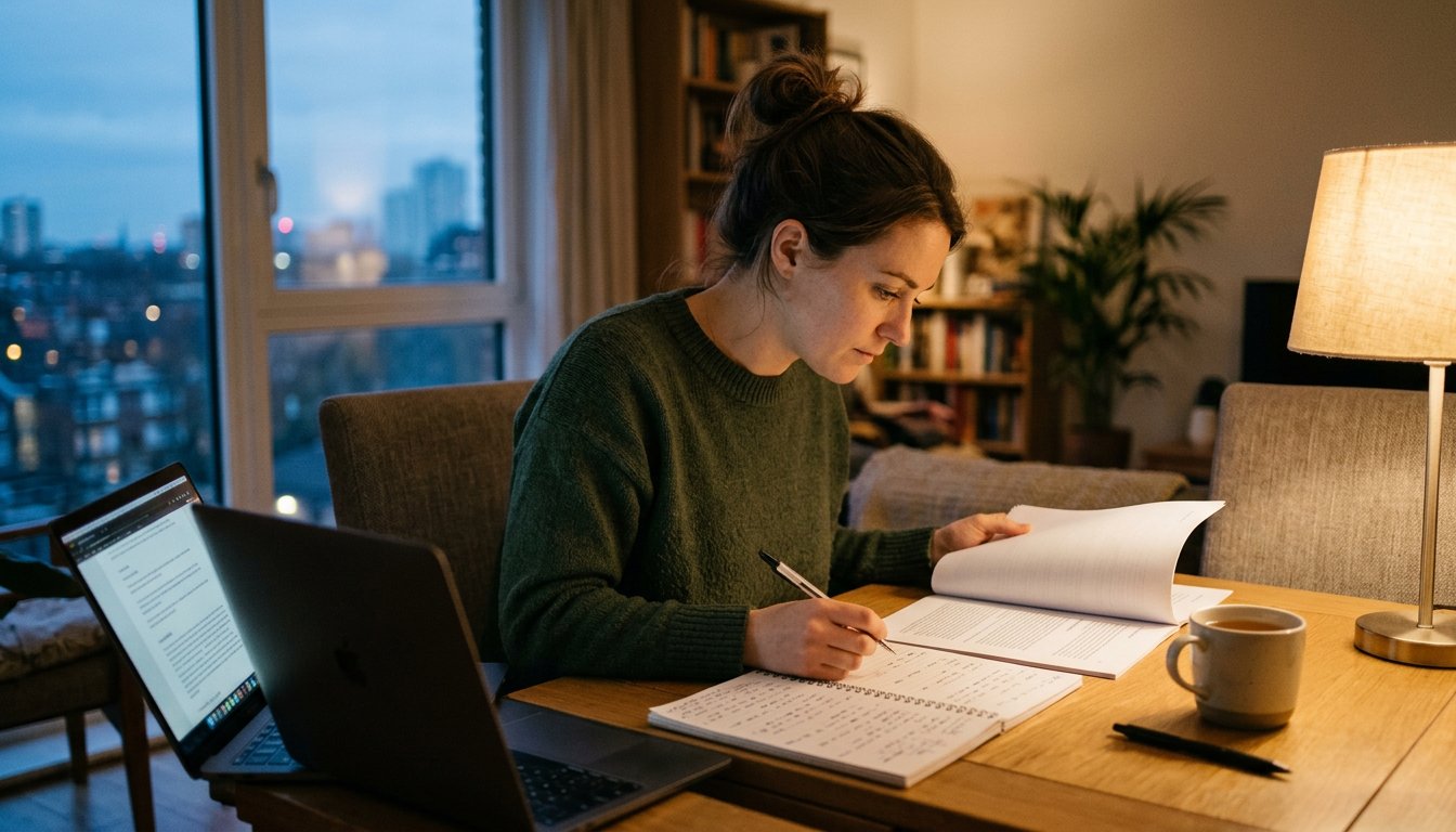Berufstätige Frau lernt abends am Esstisch zu Hause für ihr MBA-Fernstudium