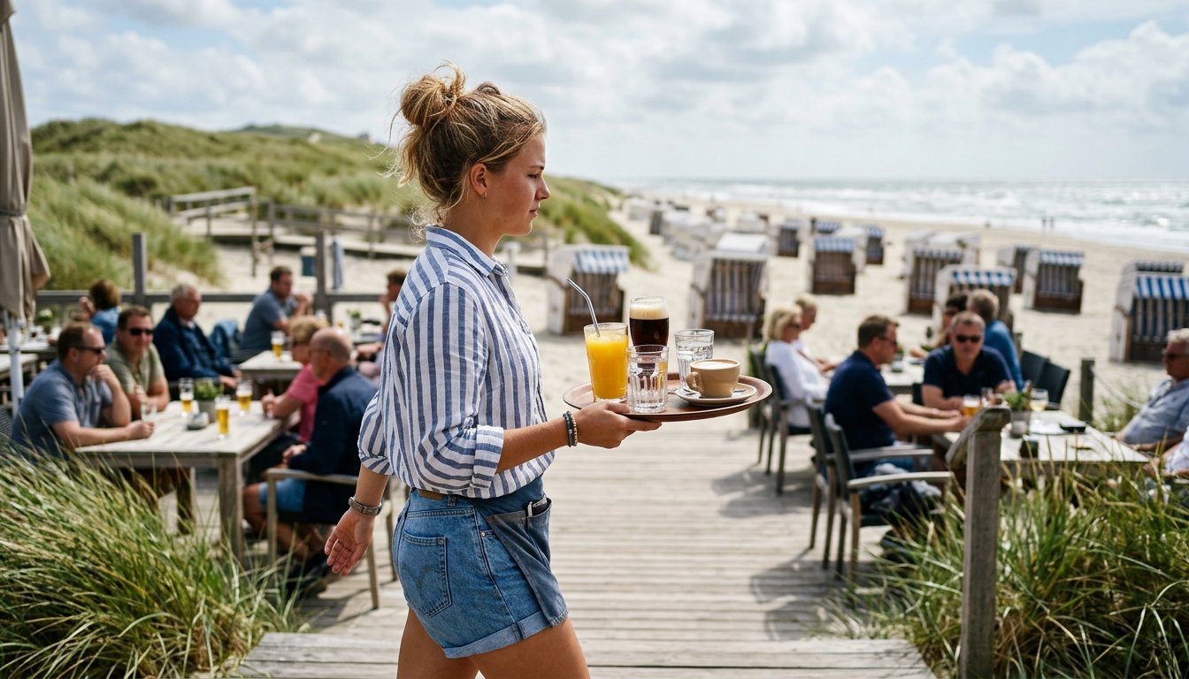 Studentin jobbt in den Semesterferien in einem Strandcafé auf einer Nordseeinsel