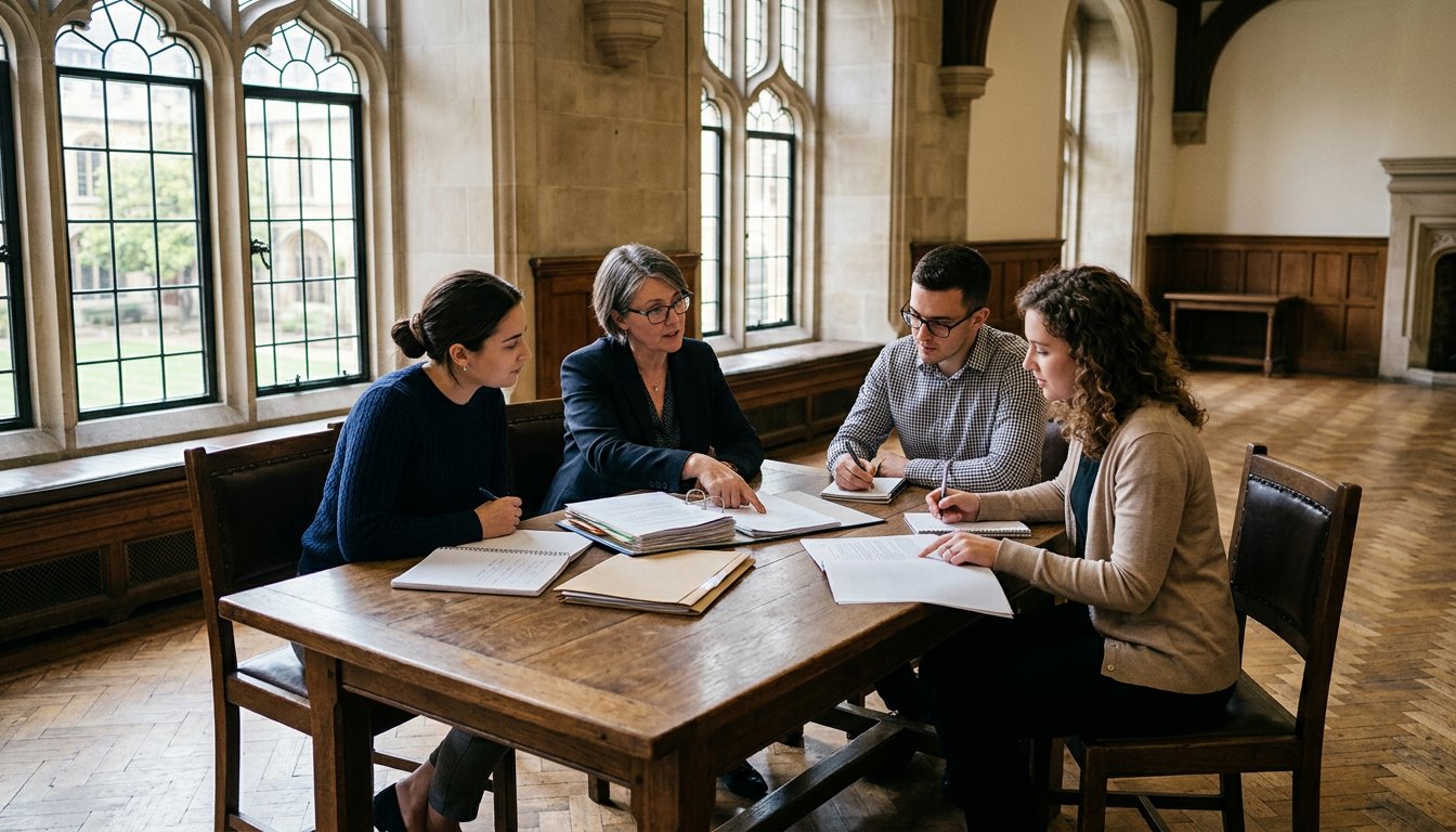 Verwaltungsauszubildende besprechen mit ihrer Ausbilderin Akten in einem historischen Sitzungssaal
