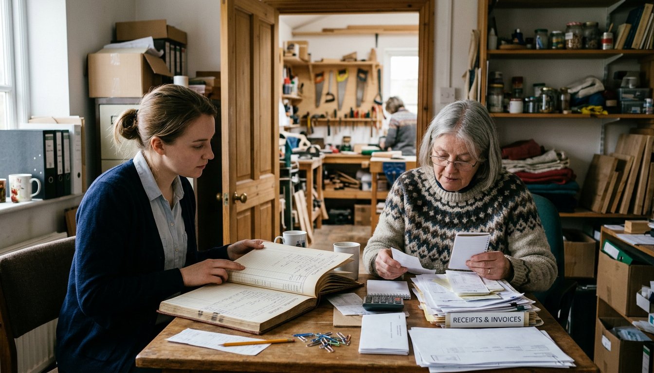 Anwärter der Steuerverwaltung sieht bei einer Betriebsprüfung mit einem Handwerker Belege durch
