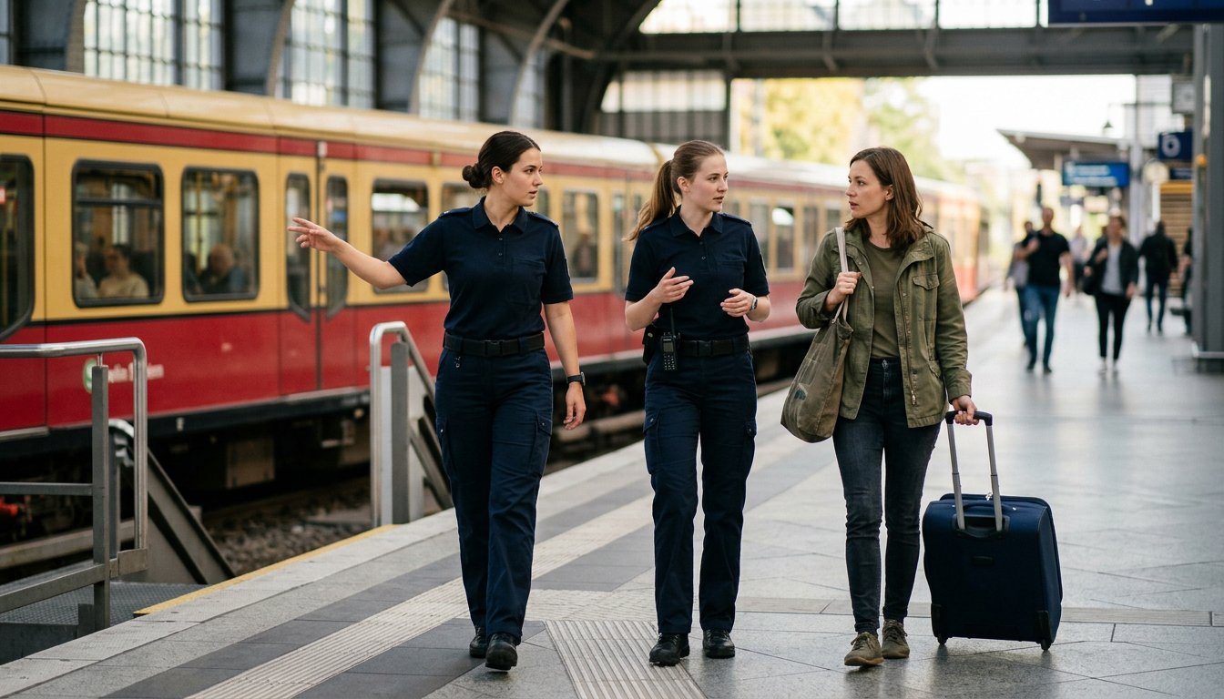 Zwei Bundespolizeianwärter geben auf einem Bahnsteig einer Reisenden mit Koffer Auskunft