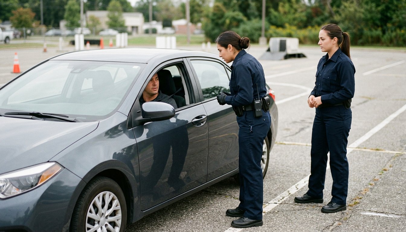 Zwei Polizeianwärter üben auf einem Trainingsgelände eine Verkehrskontrolle an einem Auto