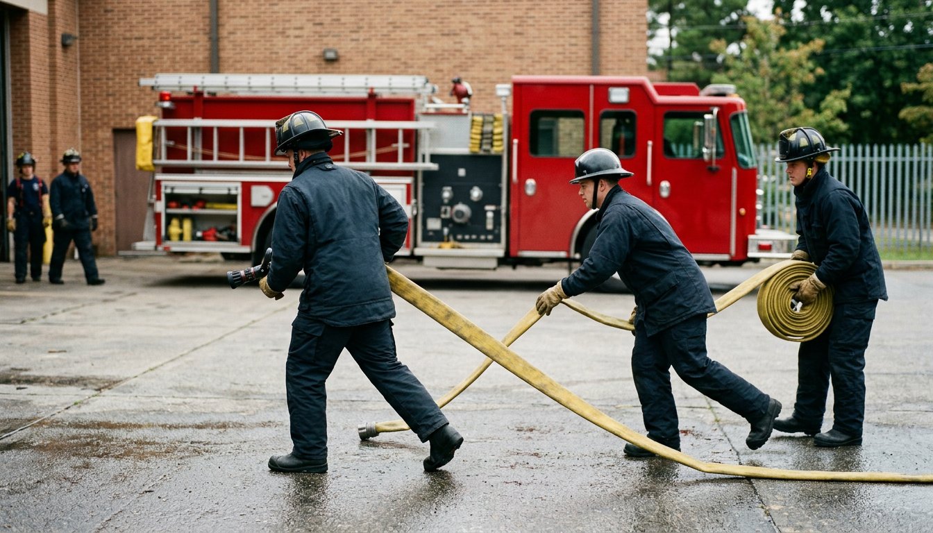 Feuerwehranwärter rollen bei einer Übung auf dem Hof der Feuerwache einen Schlauch aus