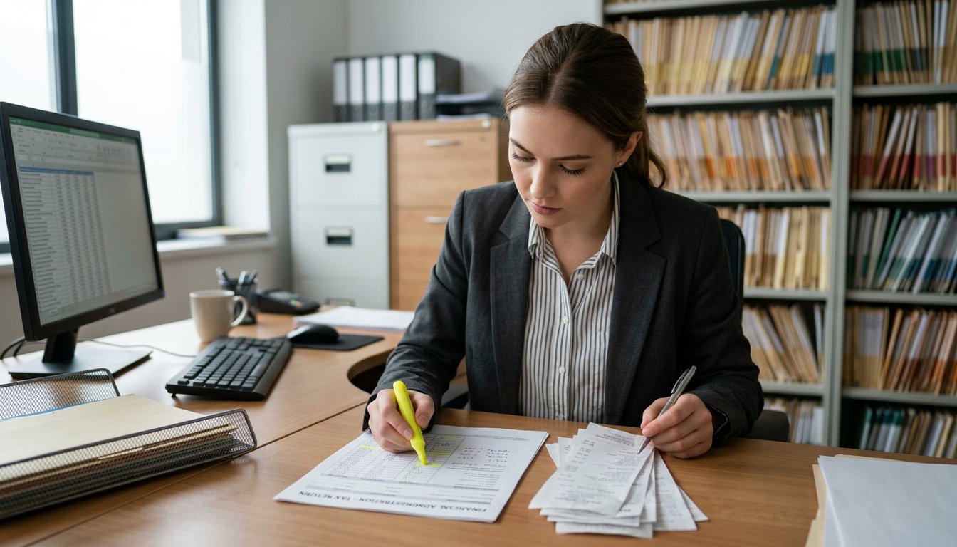 Auszubildende der Finanzverwaltung prüft am Schreibtisch eine Steuererklärung mit Belegen
