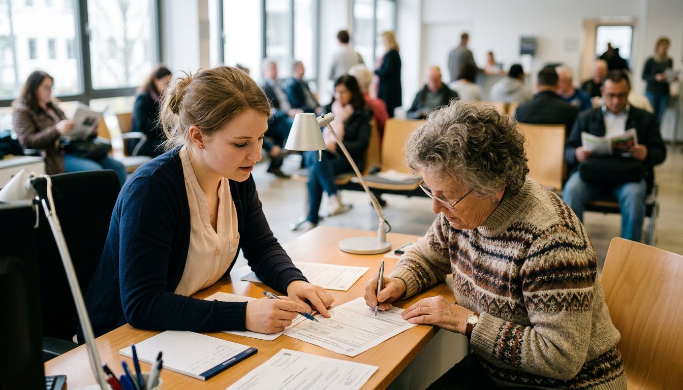 Verwaltungsauszubildender hilft im Bürgeramt einer älteren Frau beim Ausfüllen eines Antrags