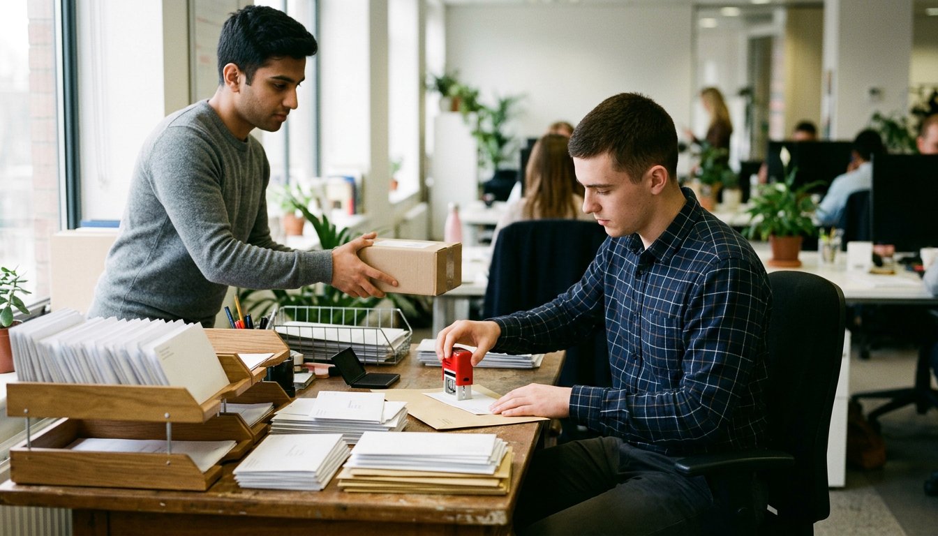 Auszubildender Bürokaufmann sortiert im Büro die eingehende Post und stempelt Briefe