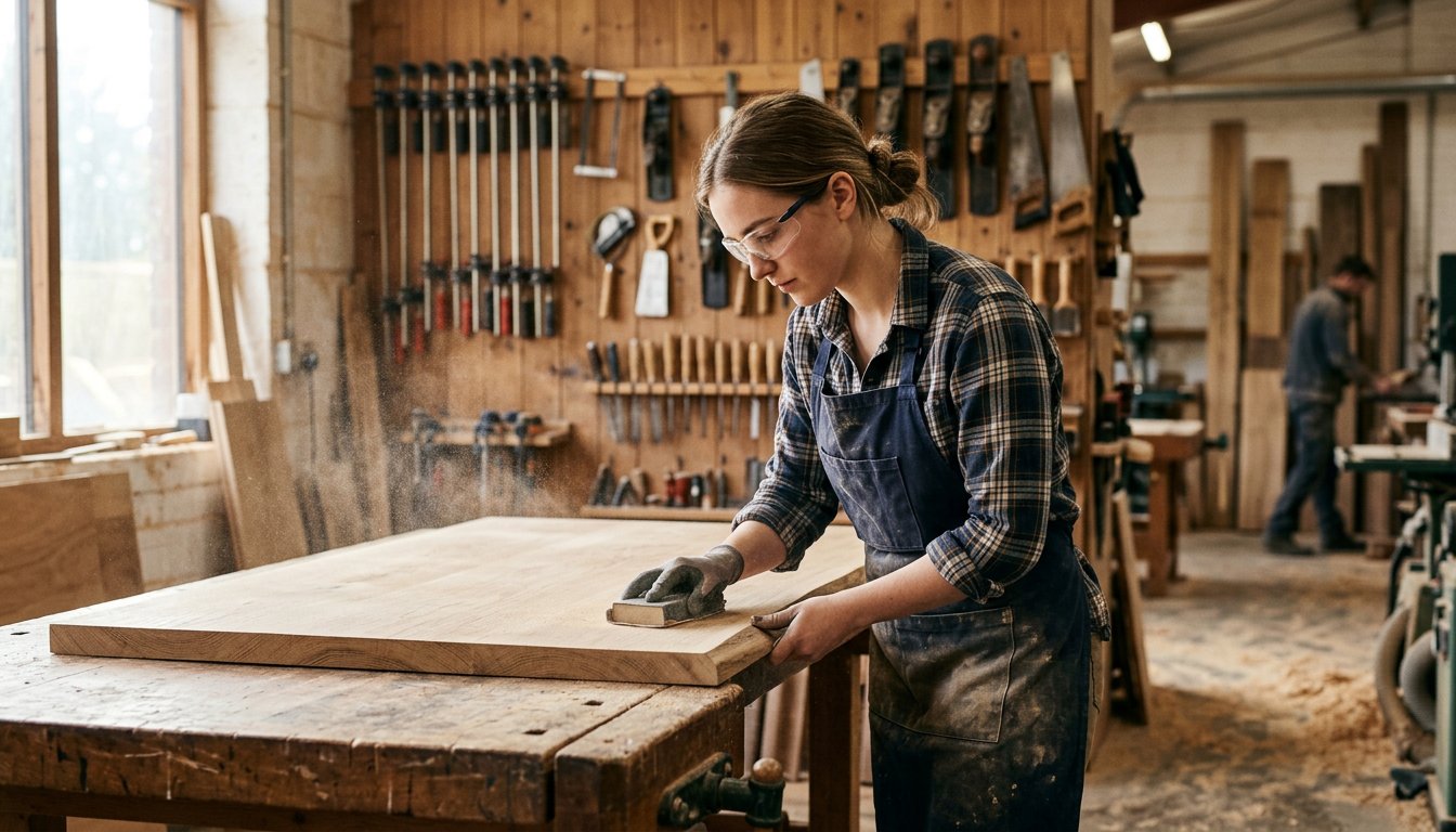 Auszubildender Schreiner schleift in der Werkstatt die Kante einer Eichentischplatte