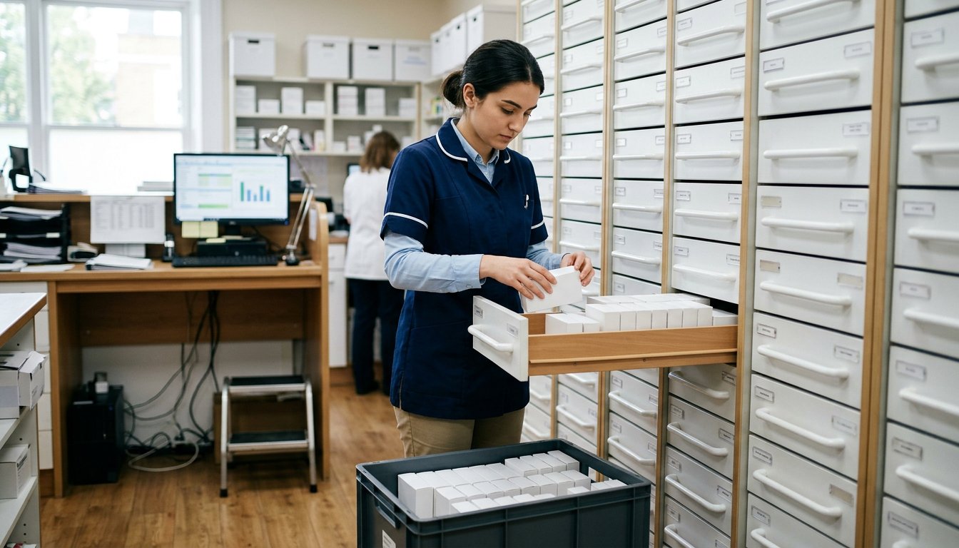 Pharmazeutisch-kaufmännische Angestellte in Ausbildung sortiert Arzneimittelpackungen in einen Apothekenschrank