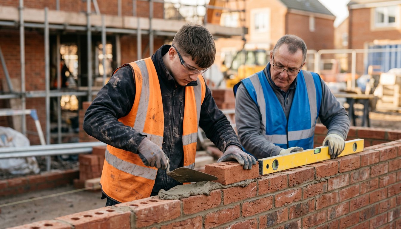 Auszubildender Maurer mauert auf der Baustelle eine Wand aus roten Ziegeln