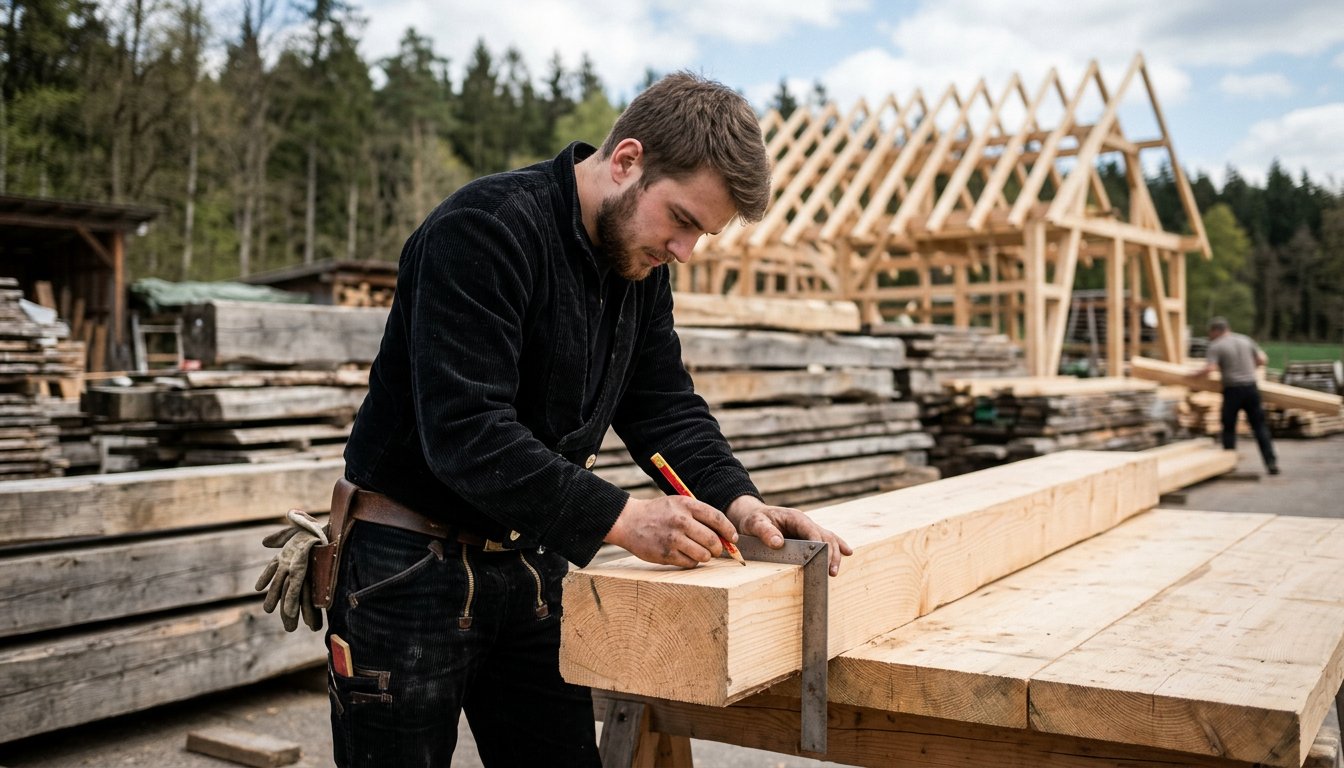 Auszubildender Zimmerer markiert auf dem Zimmerplatz einen Dachbalken mit Winkel und Bleistift