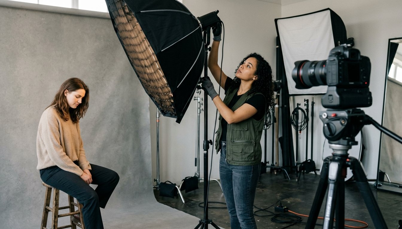 Auszubildende Fotografin richtet im Fotostudio das Licht für ein Porträt ein