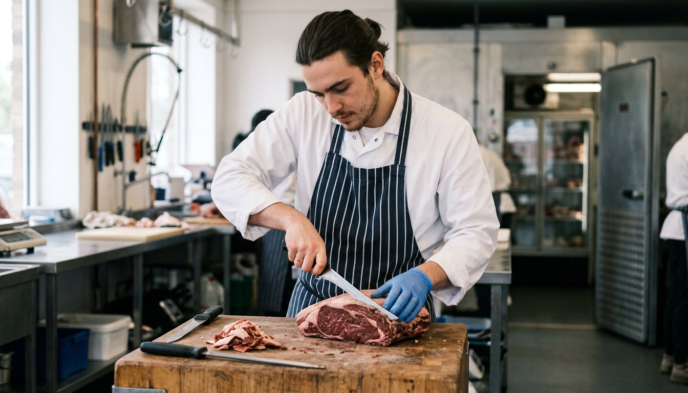 Auszubildender Fleischer portioniert in der Fleischerei ein Stück Rindfleisch