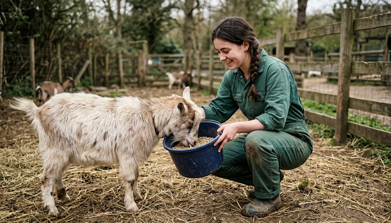 Auszubildende Tierpflegerin füttert im Zoogehege eine Ziege aus einem Eimer