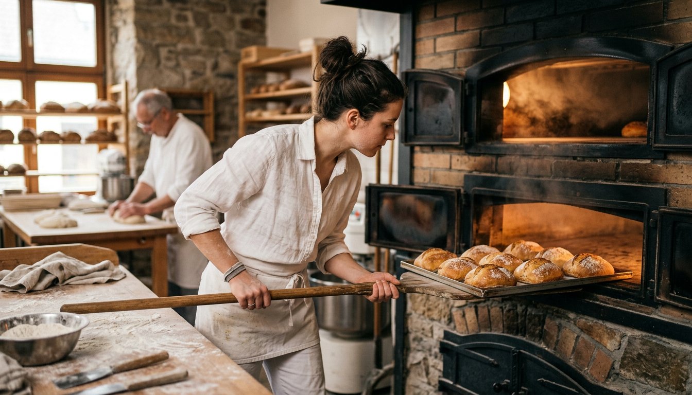 Auszubildender Bäcker holt frühmorgens frische Brötchen aus dem Backofen der Backstube