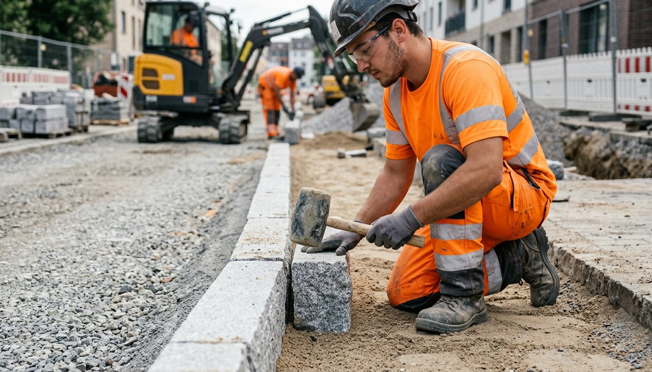 Auszubildender Straßenbauer setzt auf einer Straßenbaustelle Bordsteine aus Granit