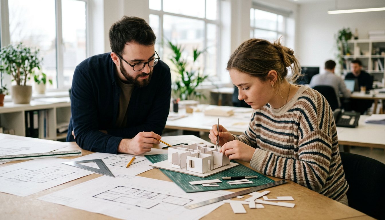 Auszubildende Bauzeichnerin arbeitet im Architekturbüro an Grundrissen und einem Gebäudemodell