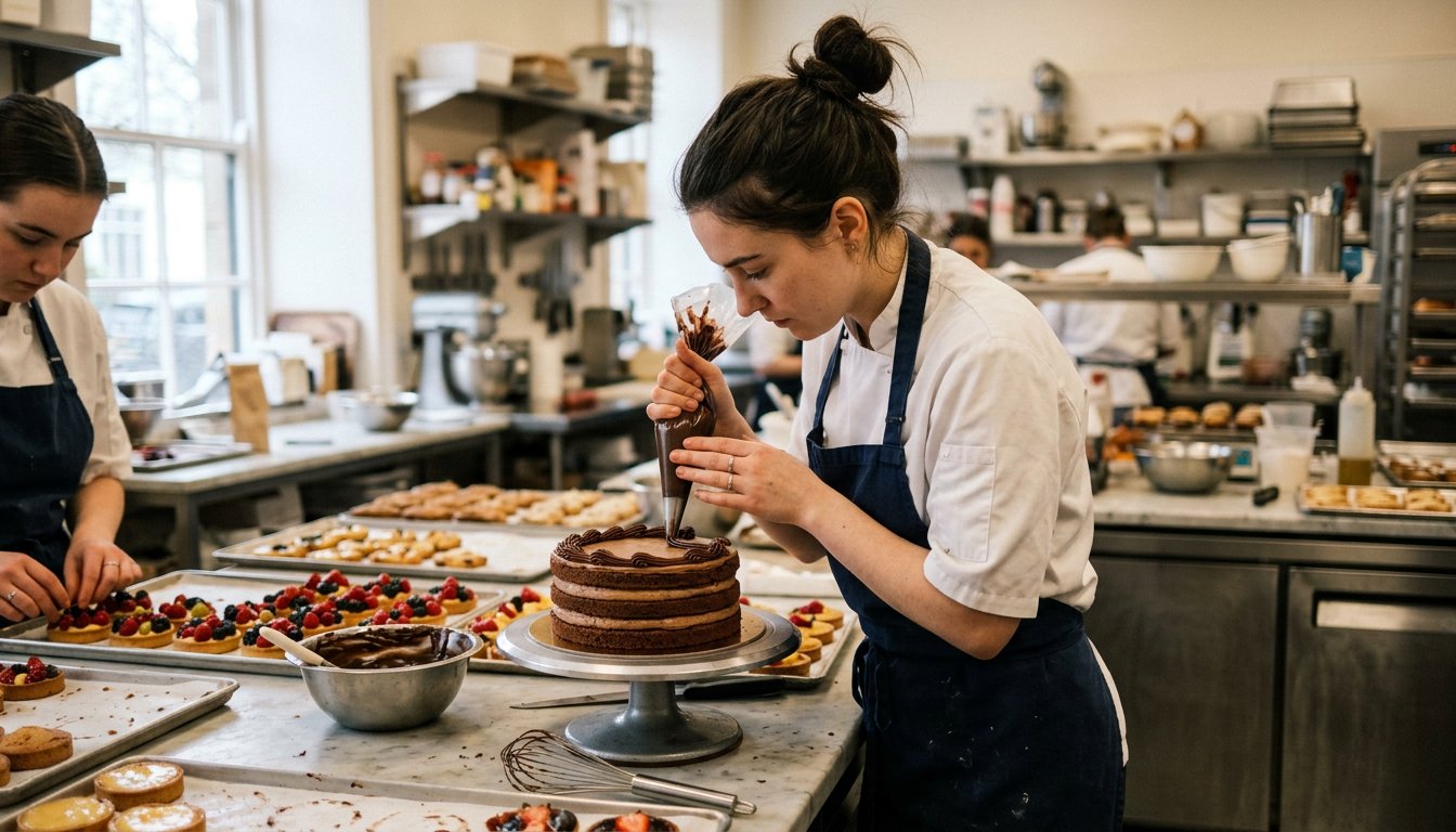 Auszubildende Konditorin verziert in der Backstube eine Torte mit Schokoladenganache