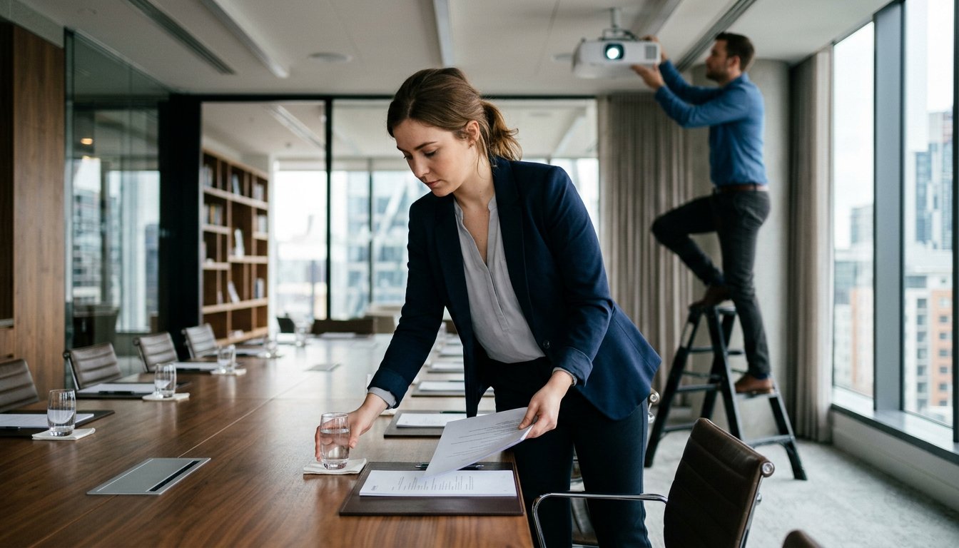 Auszubildende Kauffrau für Büromanagement bereitet einen Besprechungsraum mit Unterlagen vor