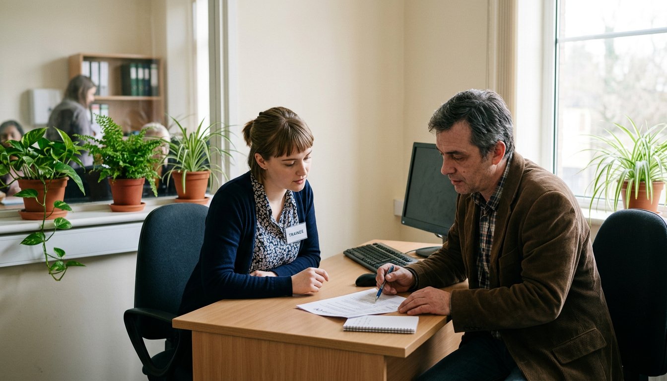 Auszubildende für Arbeitsmarktdienstleistungen bespricht mit einem Arbeitsuchenden seinen Lebenslauf