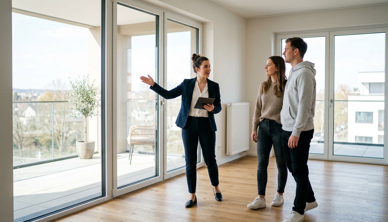 Auszubildende Immobilienkauffrau führt ein Paar durch eine helle Neubauwohnung mit Balkon